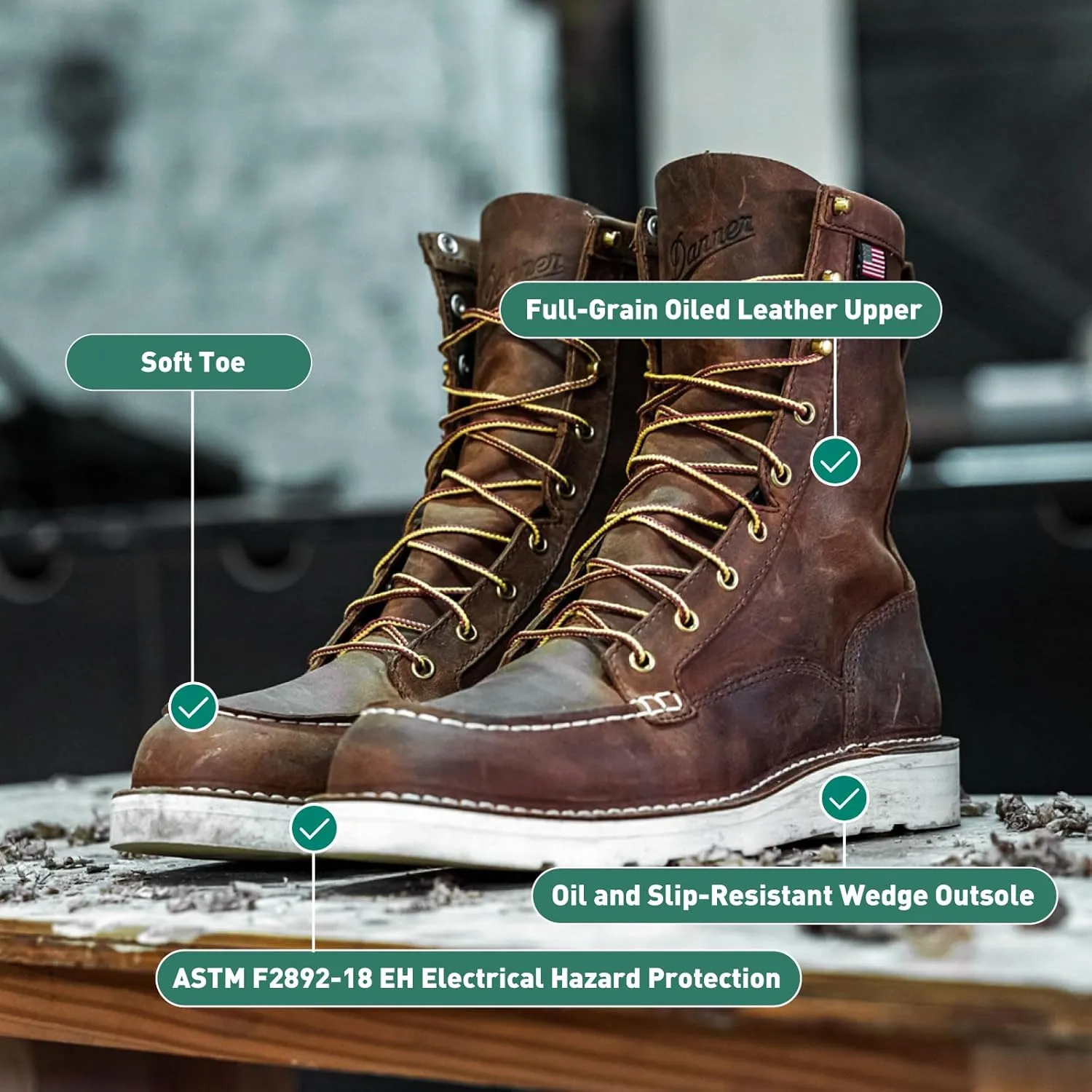 Danner 8 Bull Run Moc Toe Work Boots for Men - Durable Full-Grain Leather with Non Slip Wedge Outsole and 3-Density Cushion Footbed, EH Resistant