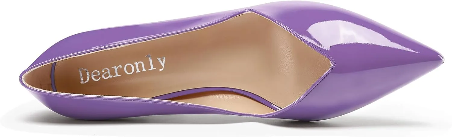 DearOnly Womens Mid Stiletto Heel Dress Slip-on Close Pointed Toe Pumps Cute Patent Leather Prom Casual Shoes 2.4 Inches Heels