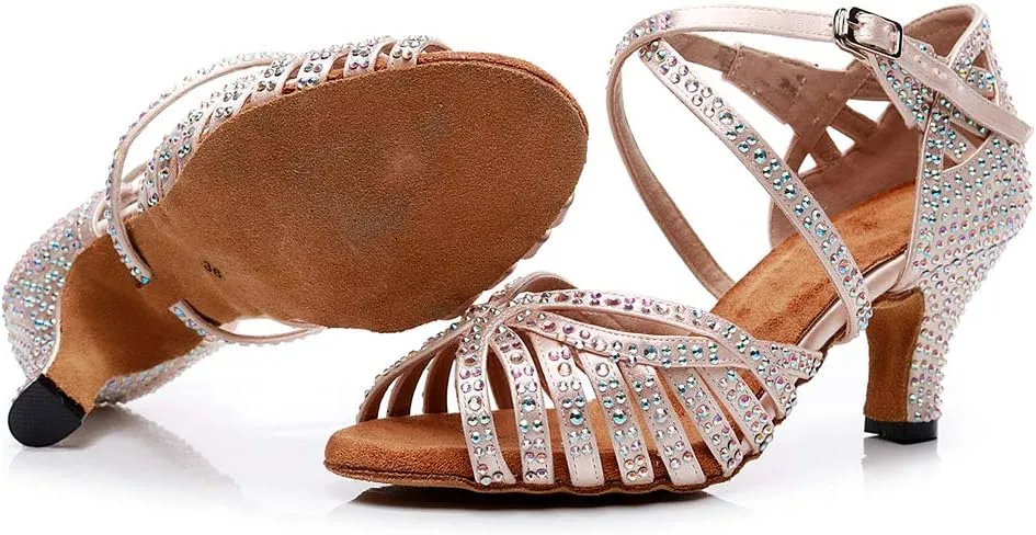 DKZSYIM Women Rhinestone Latin Ballroom Dance Shoes Bachata Salsa Practice Performance Dance Shoes,Model QJW7164