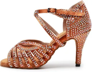 DKZSYIM Women Rhinestone Latin Ballroom Dance Shoes Bachata Salsa Practice Performance Dance Shoes,Model QJW7164