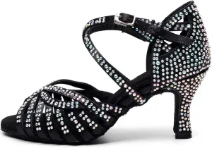 DKZSYIM Women Rhinestone Latin Ballroom Dance Shoes Bachata Salsa Practice Performance Dance Shoes,Model QJW7164