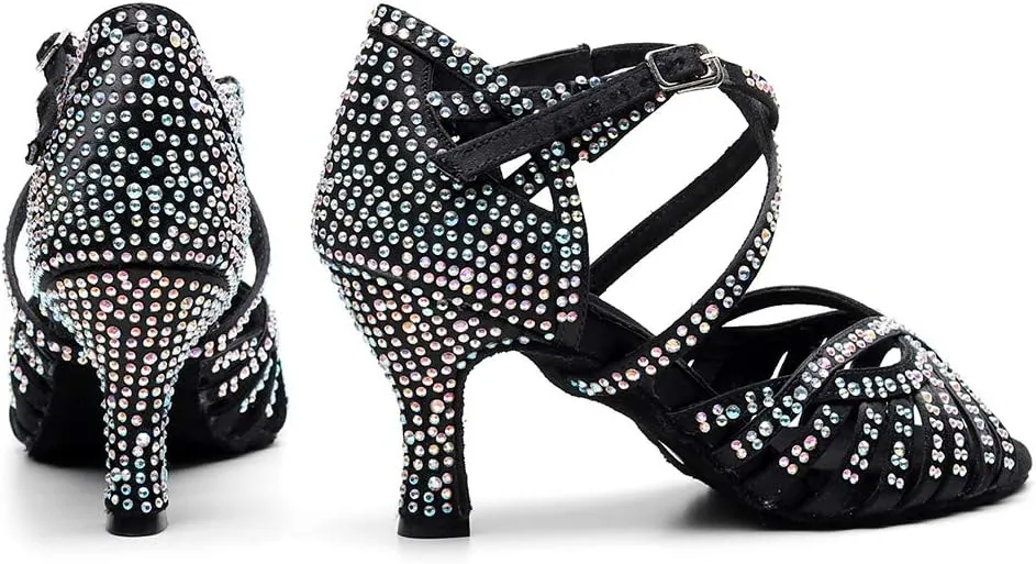 DKZSYIM Women Rhinestone Latin Ballroom Dance Shoes Bachata Salsa Practice Performance Dance Shoes,Model QJW7164