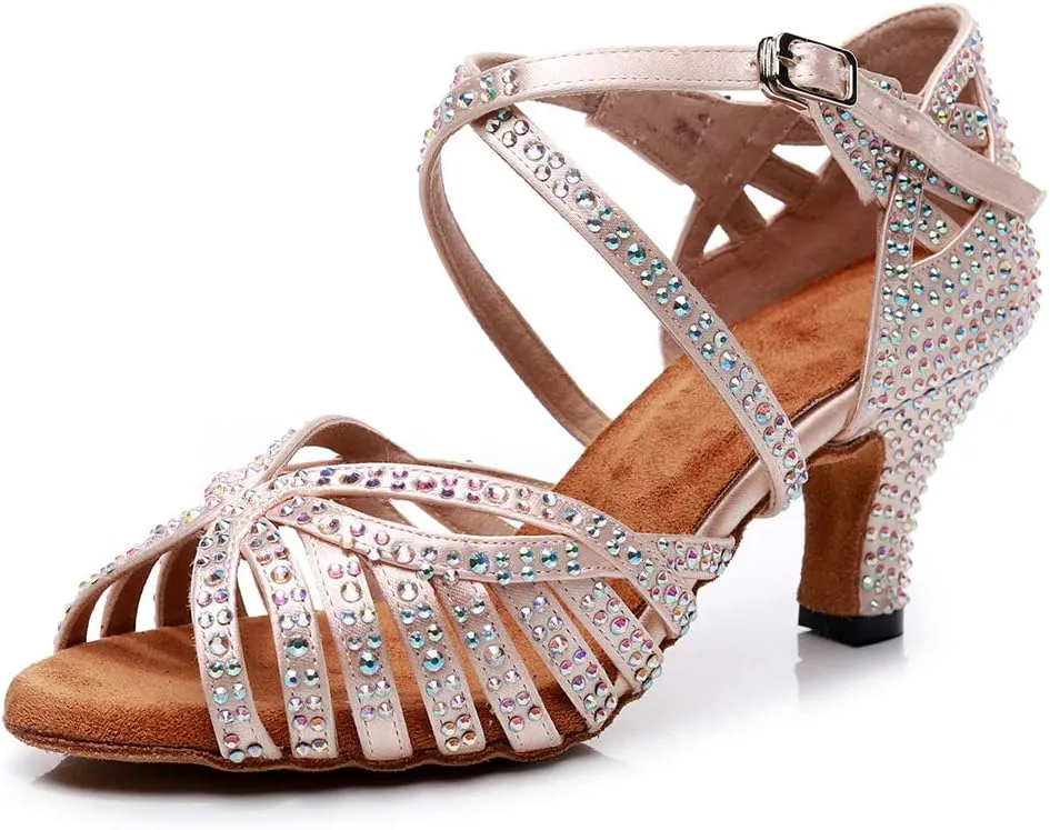 DKZSYIM Women Rhinestone Latin Ballroom Dance Shoes Bachata Salsa Practice Performance Dance Shoes,Model QJW7164