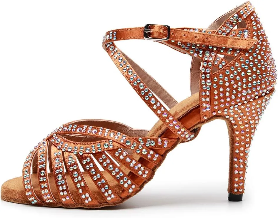 DKZSYIM Women Rhinestone Latin Ballroom Dance Shoes Bachata Salsa Practice Performance Dance Shoes,Model QJW7164