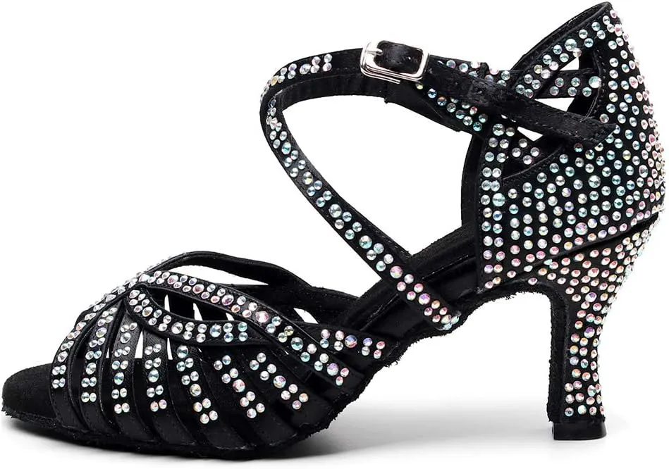 DKZSYIM Women Rhinestone Latin Ballroom Dance Shoes Bachata Salsa Practice Performance Dance Shoes,Model QJW7164