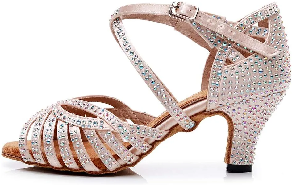 DKZSYIM Women Rhinestone Latin Ballroom Dance Shoes Bachata Salsa Practice Performance Dance Shoes,Model QJW7164