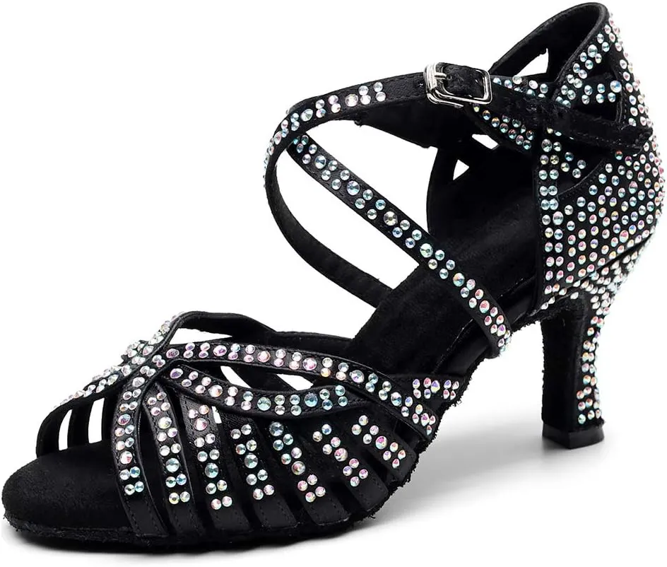 DKZSYIM Women Rhinestone Latin Ballroom Dance Shoes Bachata Salsa Practice Performance Dance Shoes,Model QJW7164