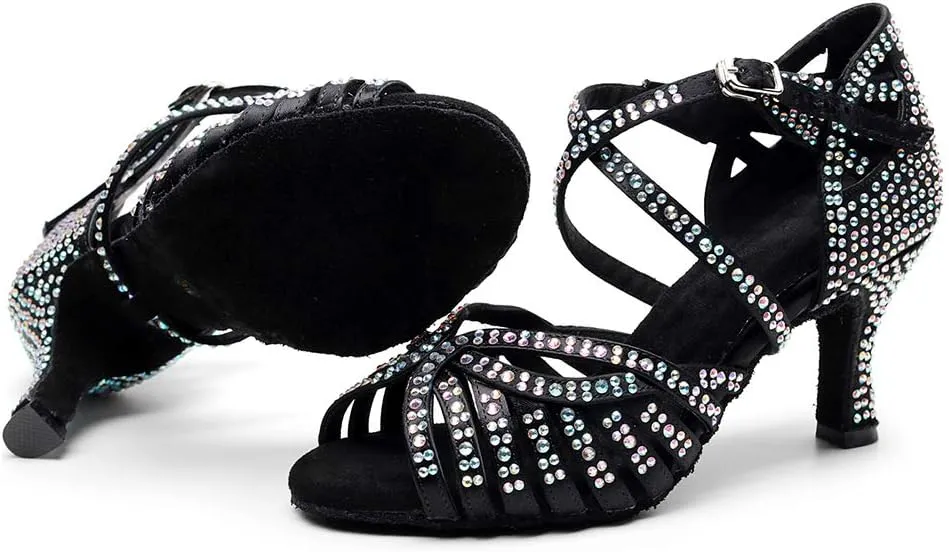 DKZSYIM Women Rhinestone Latin Ballroom Dance Shoes Bachata Salsa Practice Performance Dance Shoes,Model QJW7164