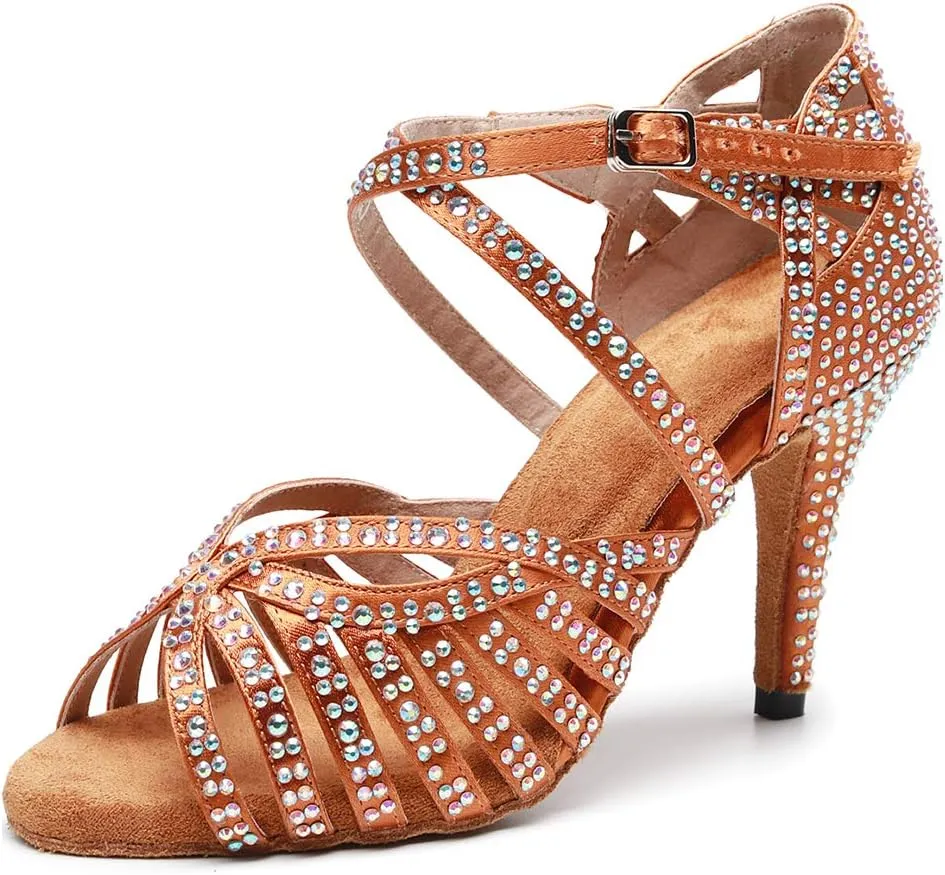 DKZSYIM Women Rhinestone Latin Ballroom Dance Shoes Bachata Salsa Practice Performance Dance Shoes,Model QJW7164