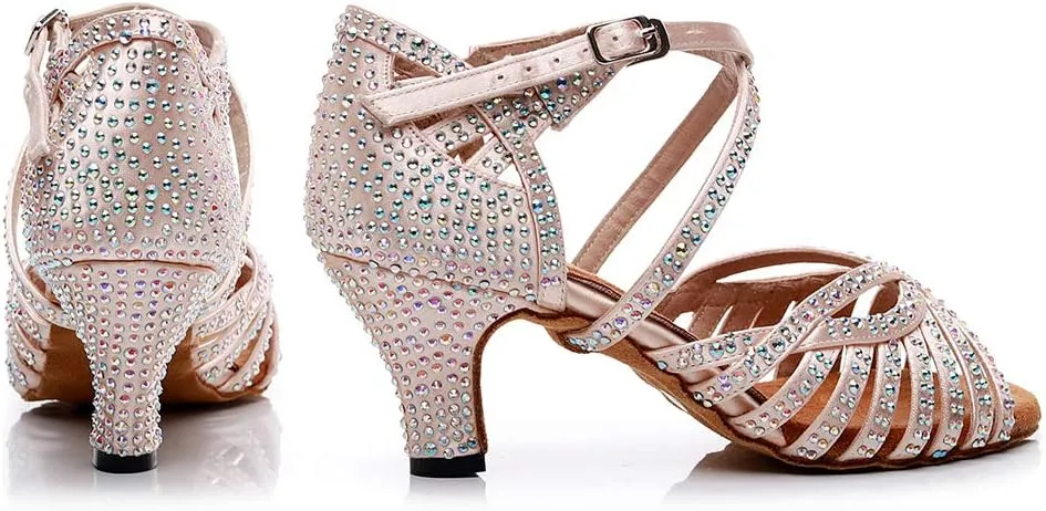 DKZSYIM Women Rhinestone Latin Ballroom Dance Shoes Bachata Salsa Practice Performance Dance Shoes,Model QJW7164