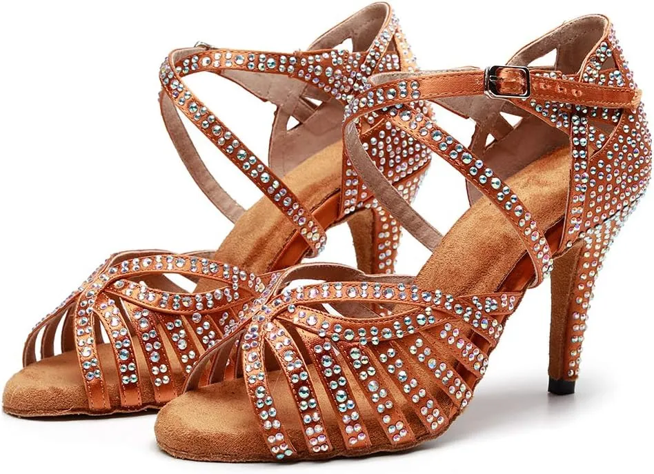 DKZSYIM Women Rhinestone Latin Ballroom Dance Shoes Bachata Salsa Practice Performance Dance Shoes,Model QJW7164