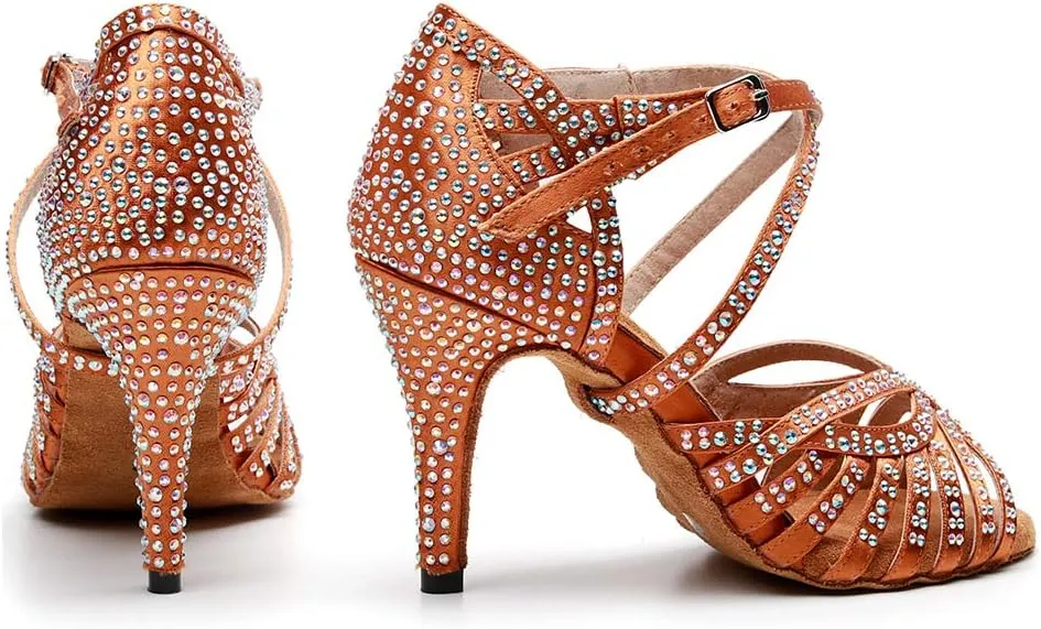 DKZSYIM Women Rhinestone Latin Ballroom Dance Shoes Bachata Salsa Practice Performance Dance Shoes,Model QJW7164