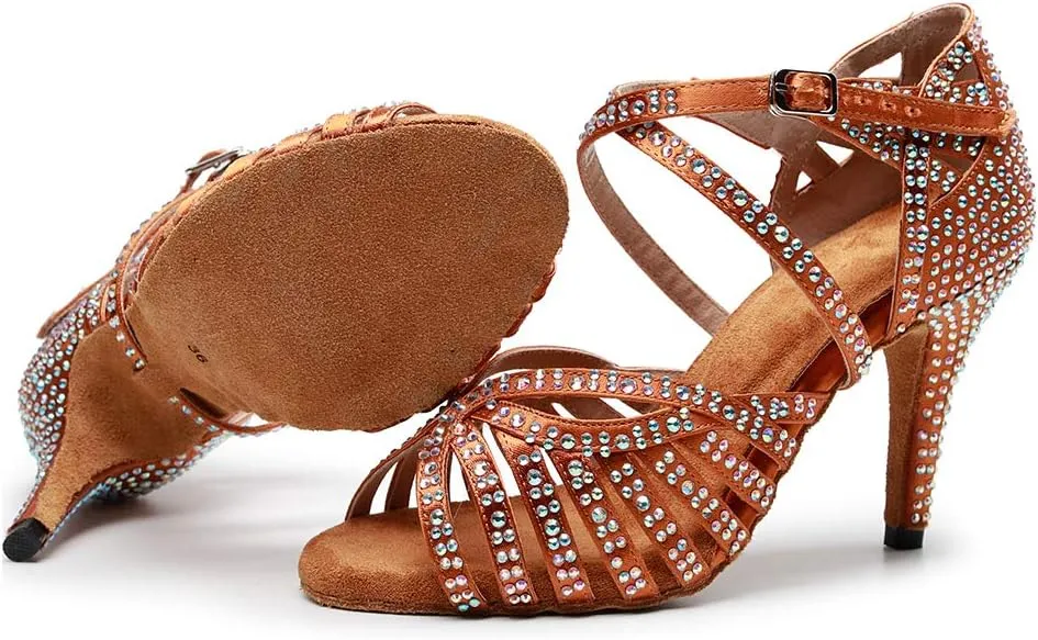 DKZSYIM Women Rhinestone Latin Ballroom Dance Shoes Bachata Salsa Practice Performance Dance Shoes,Model QJW7164