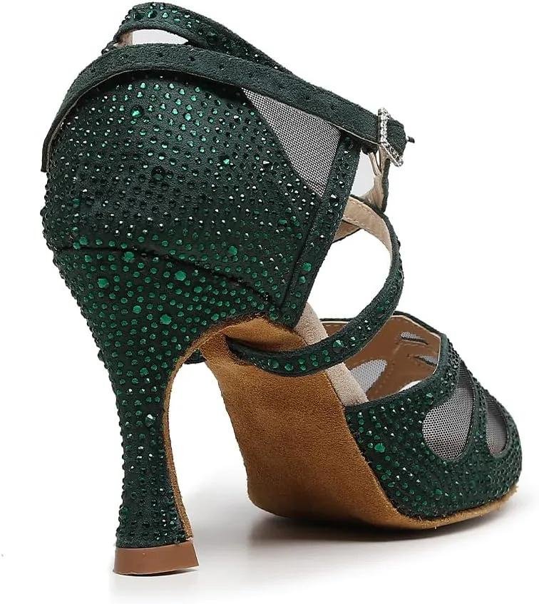 DKZSYIM Women Rhinestone Latin Ballroom Dance Shoes Bachata Salsa Practice Performance Dance Shoes,Model QJW9003