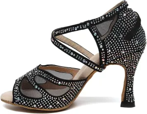 DKZSYIM Women Rhinestone Latin Ballroom Dance Shoes Bachata Salsa Practice Performance Dance Shoes,Model QJW9003