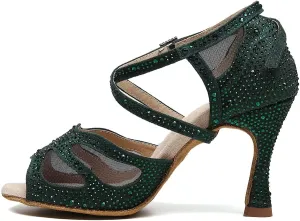 DKZSYIM Women Rhinestone Latin Ballroom Dance Shoes Bachata Salsa Practice Performance Dance Shoes,Model QJW9003