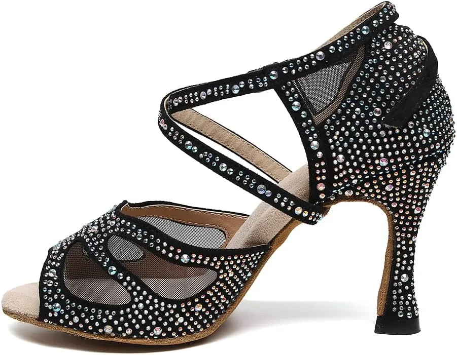 DKZSYIM Women Rhinestone Latin Ballroom Dance Shoes Bachata Salsa Practice Performance Dance Shoes,Model QJW9003