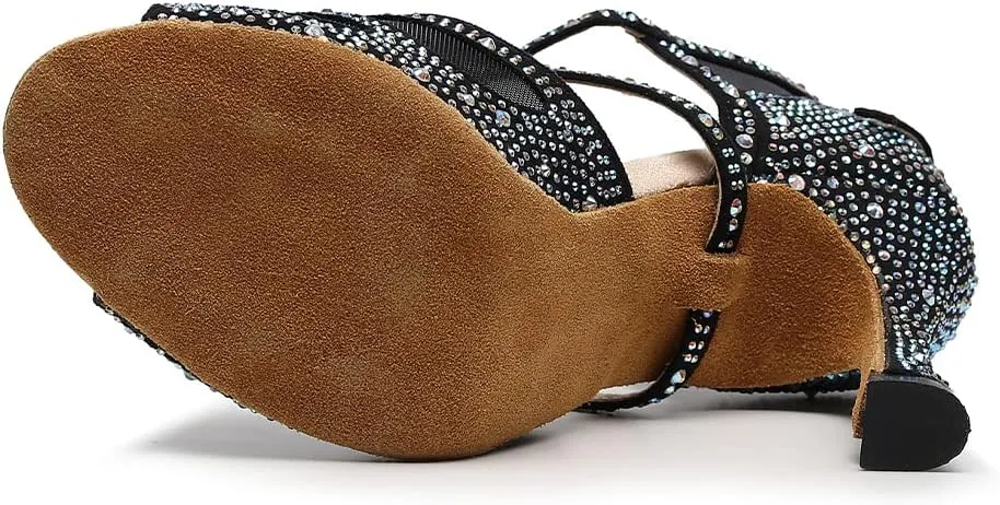 DKZSYIM Women Rhinestone Latin Ballroom Dance Shoes Bachata Salsa Practice Performance Dance Shoes,Model QJW9003