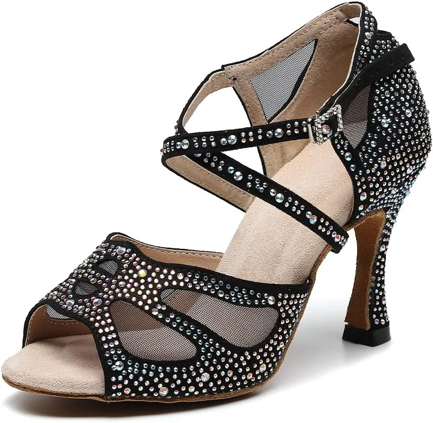 DKZSYIM Women Rhinestone Latin Ballroom Dance Shoes Bachata Salsa Practice Performance Dance Shoes,Model QJW9003