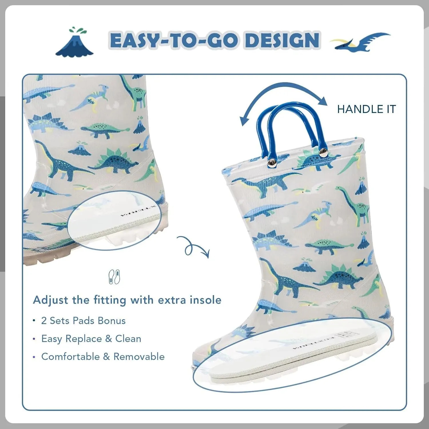 EUXTERPA Kids Toddler Light Up Rain Boots Boys Girls Waterproof Patterns and Glitter Boots with Easy On Handles