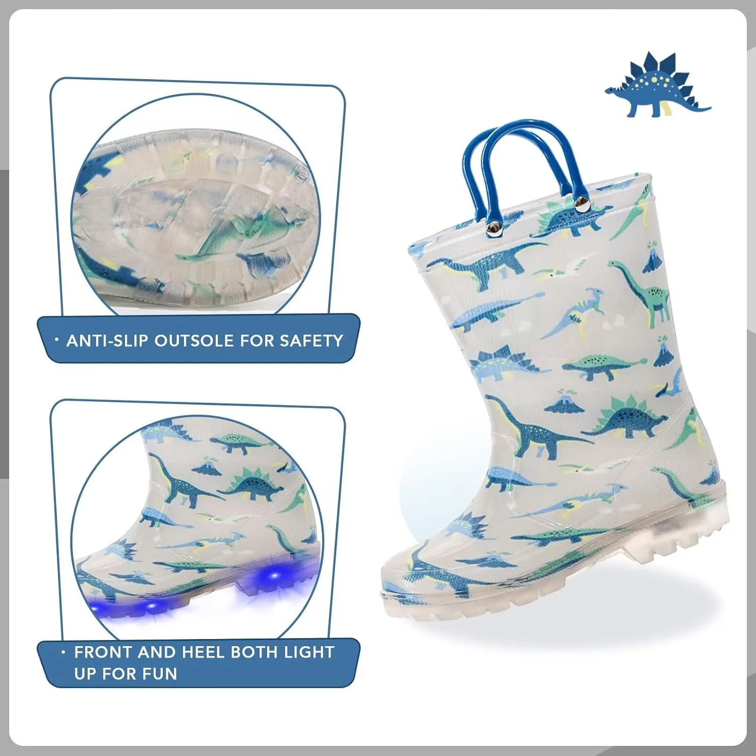 EUXTERPA Kids Toddler Light Up Rain Boots Boys Girls Waterproof Patterns and Glitter Boots with Easy On Handles