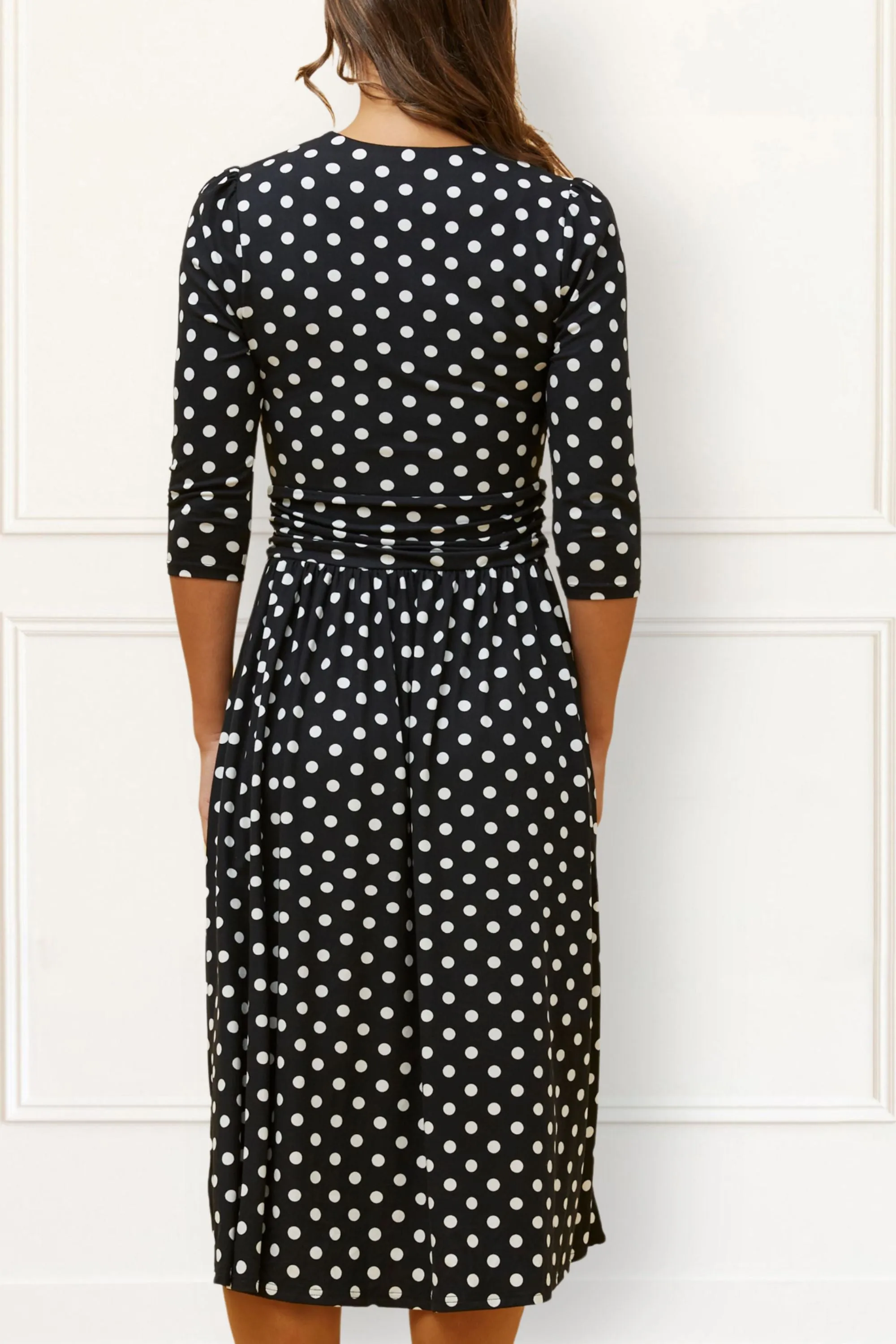 Evelyn Polka Dot Wrap Midi Dress 3/4 Sleeve V-Neck Pockets Elegant