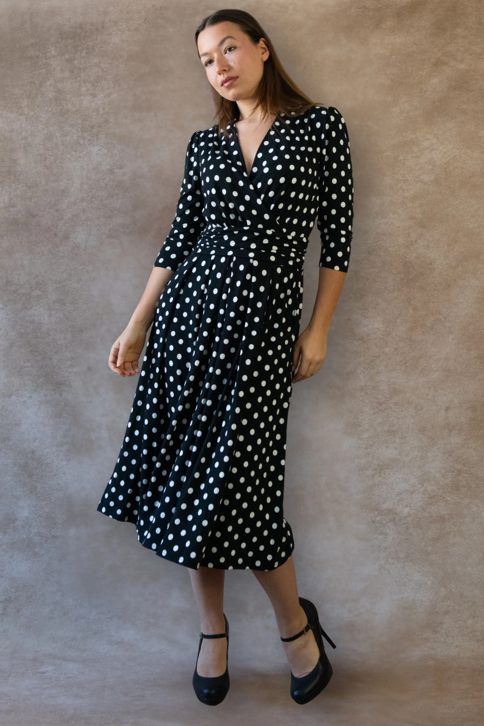 Evelyn Polka Dot Wrap Midi Dress 3/4 Sleeve V-Neck Pockets Elegant
