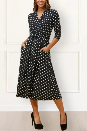 Evelyn Polka Dot Wrap Midi Dress 3/4 Sleeve V-Neck Pockets Elegant