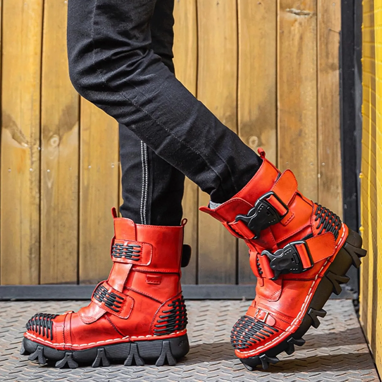Fashion Men Leather Motorcycle Boots, Winter Street Riding Punk Ankle Boots, Buckle Mid-Calf Work Shoes