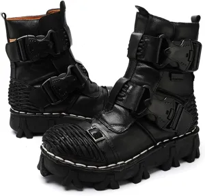 Fashion Men Leather Motorcycle Boots, Winter Street Riding Punk Ankle Boots, Buckle Mid-Calf Work Shoes