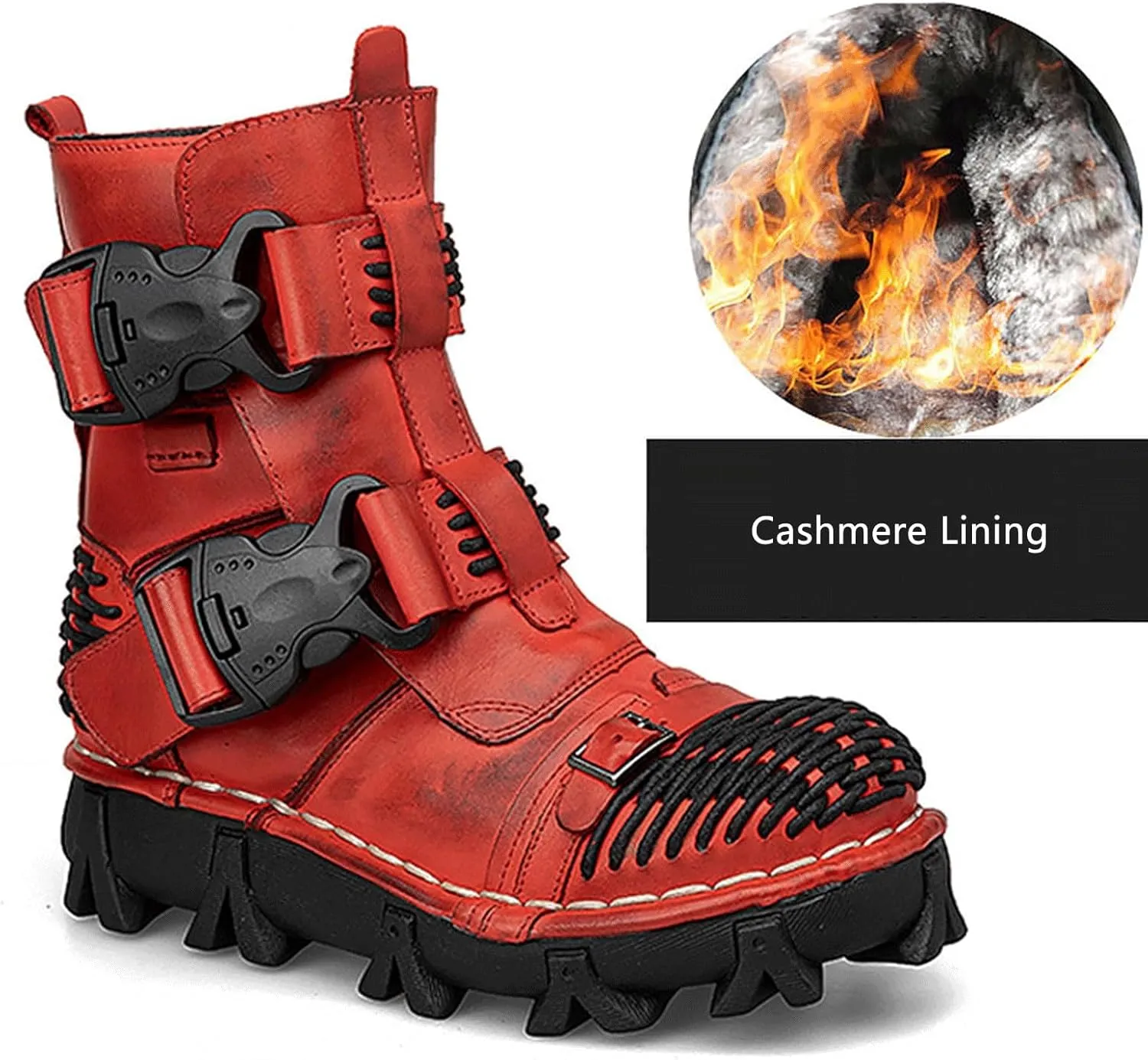 Fashion Men Leather Motorcycle Boots, Winter Street Riding Punk Ankle Boots, Buckle Mid-Calf Work Shoes