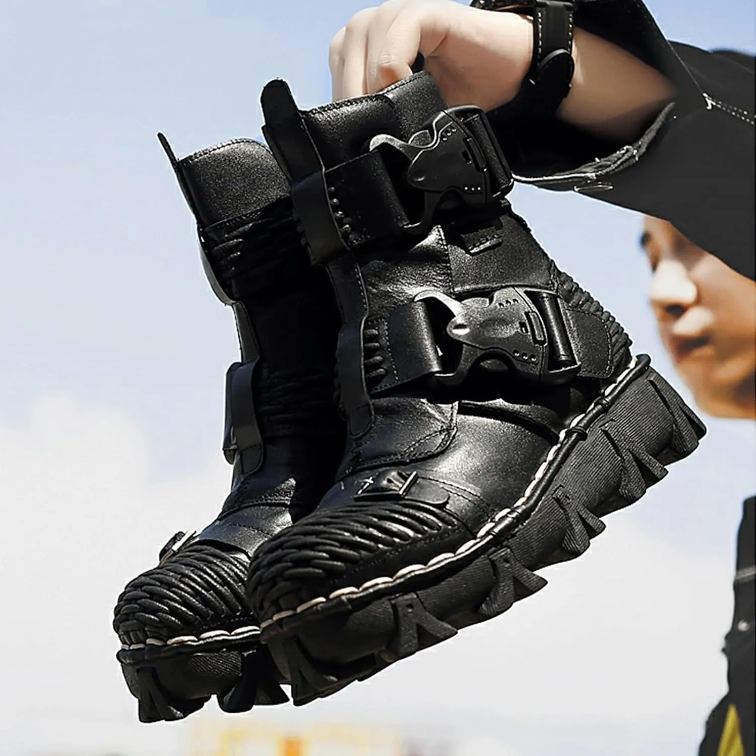Fashion Men Leather Motorcycle Boots, Winter Street Riding Punk Ankle Boots, Buckle Mid-Calf Work Shoes