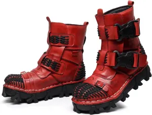 Fashion Men Leather Motorcycle Boots, Winter Street Riding Punk Ankle Boots, Buckle Mid-Calf Work Shoes