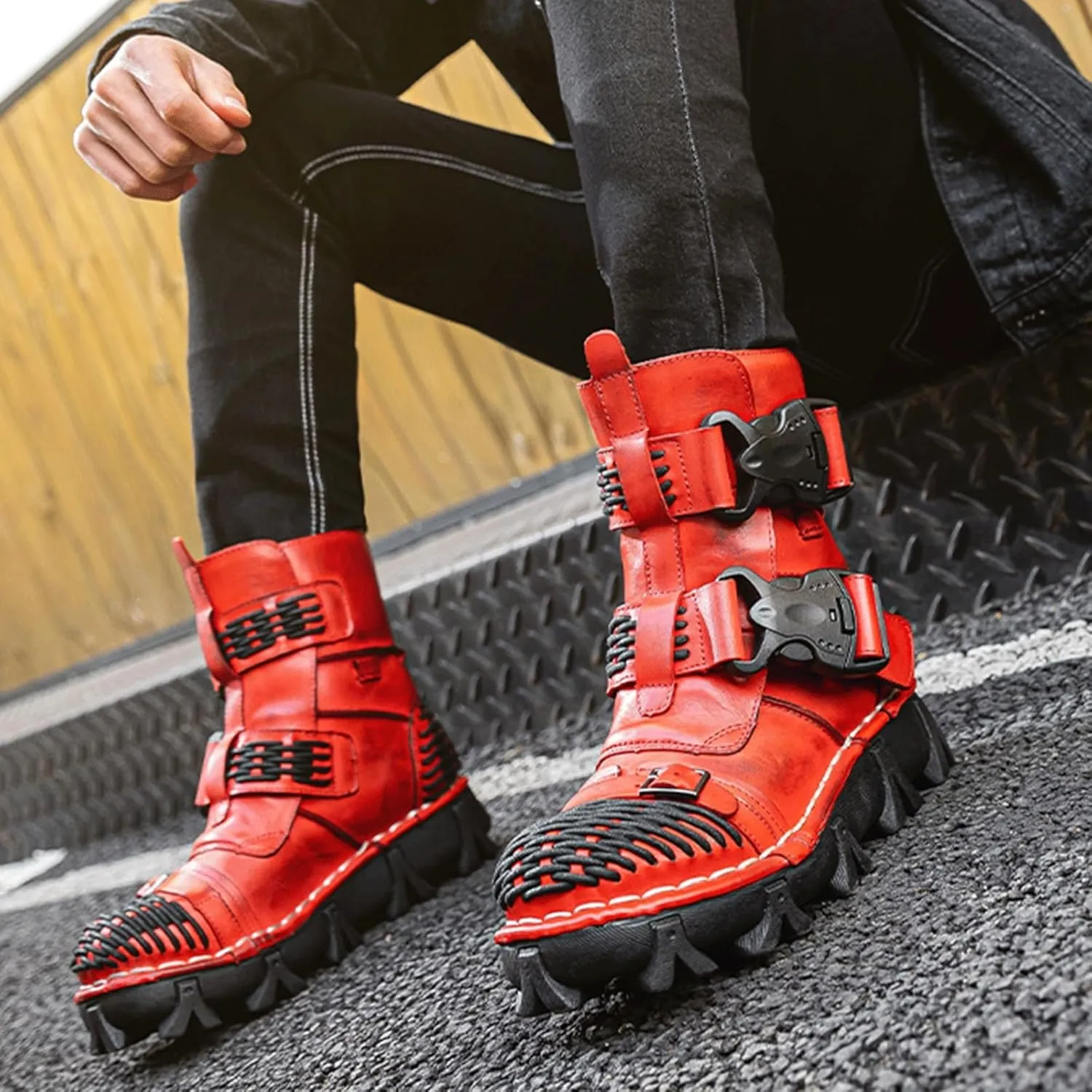 Fashion Men Leather Motorcycle Boots, Winter Street Riding Punk Ankle Boots, Buckle Mid-Calf Work Shoes