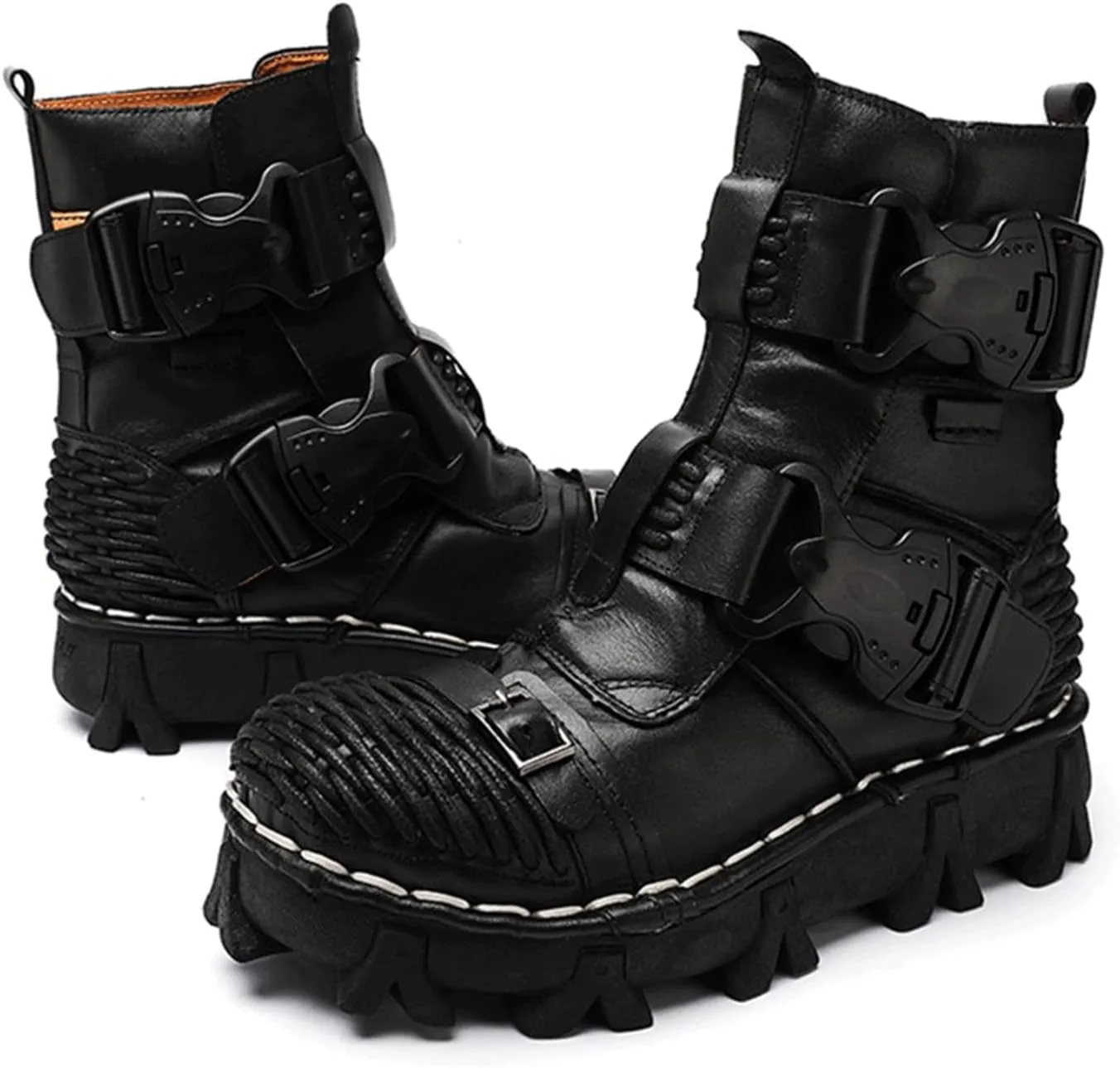 Fashion Men Leather Motorcycle Boots, Winter Street Riding Punk Ankle Boots, Buckle Mid-Calf Work Shoes