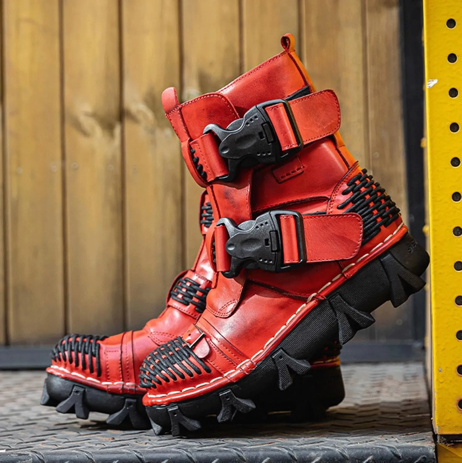 Fashion Men Leather Motorcycle Boots, Winter Street Riding Punk Ankle Boots, Buckle Mid-Calf Work Shoes