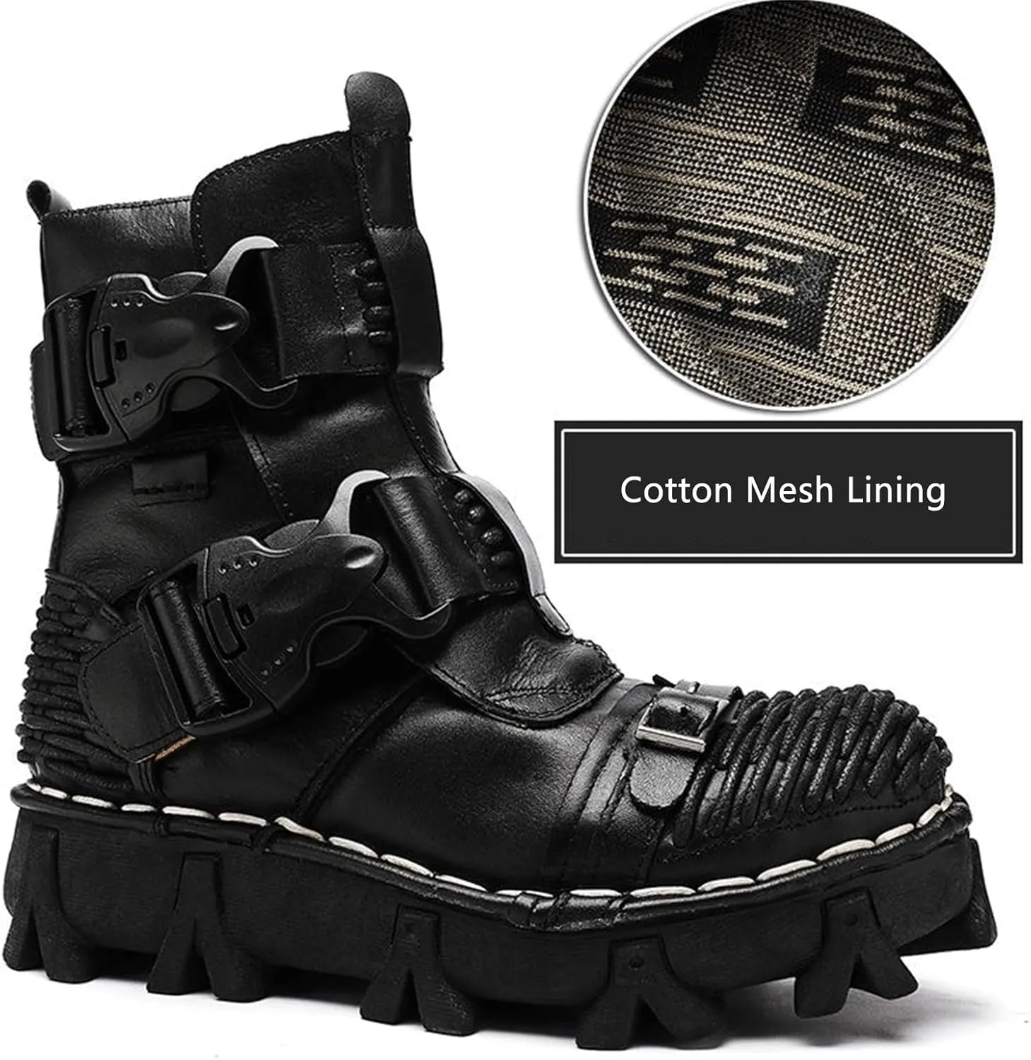 Fashion Men Leather Motorcycle Boots, Winter Street Riding Punk Ankle Boots, Buckle Mid-Calf Work Shoes