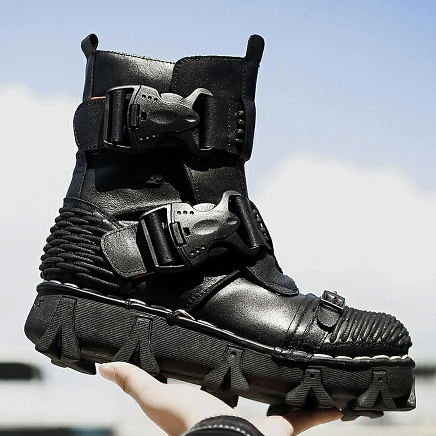 Fashion Men Leather Motorcycle Boots, Winter Street Riding Punk Ankle Boots, Buckle Mid-Calf Work Shoes