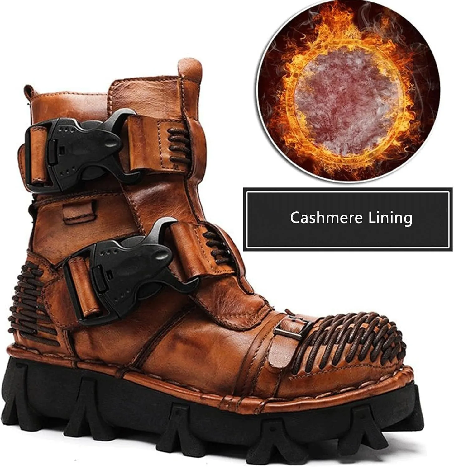 Fashion Men Leather Motorcycle Boots, Winter Street Riding Punk Ankle Boots, Buckle Mid-Calf Work Shoes