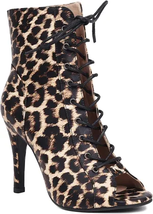 FENIKUSU Women's Ballroom Dance Shoes Peep Toe Animal Print Lace-up Latin Salsa Boots Model F39