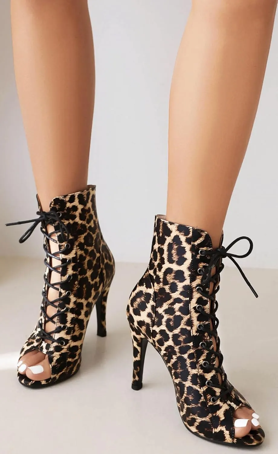 FENIKUSU Women's Ballroom Dance Shoes Peep Toe Animal Print Lace-up Latin Salsa Boots Model F39