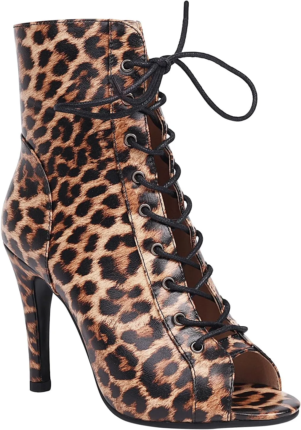 FENIKUSU Women's Ballroom Dance Shoes Peep Toe Animal Print Lace-up Latin Salsa Boots Model F39