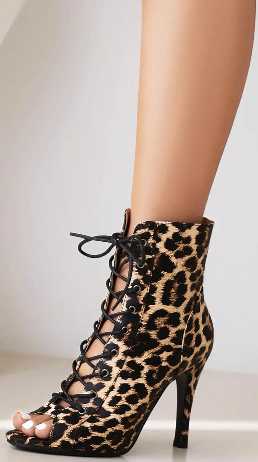 FENIKUSU Women's Ballroom Dance Shoes Peep Toe Animal Print Lace-up Latin Salsa Boots Model F39