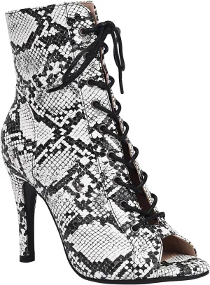 FENIKUSU Women's Ballroom Dance Shoes Peep Toe Animal Print Lace-up Latin Salsa Boots Model F39