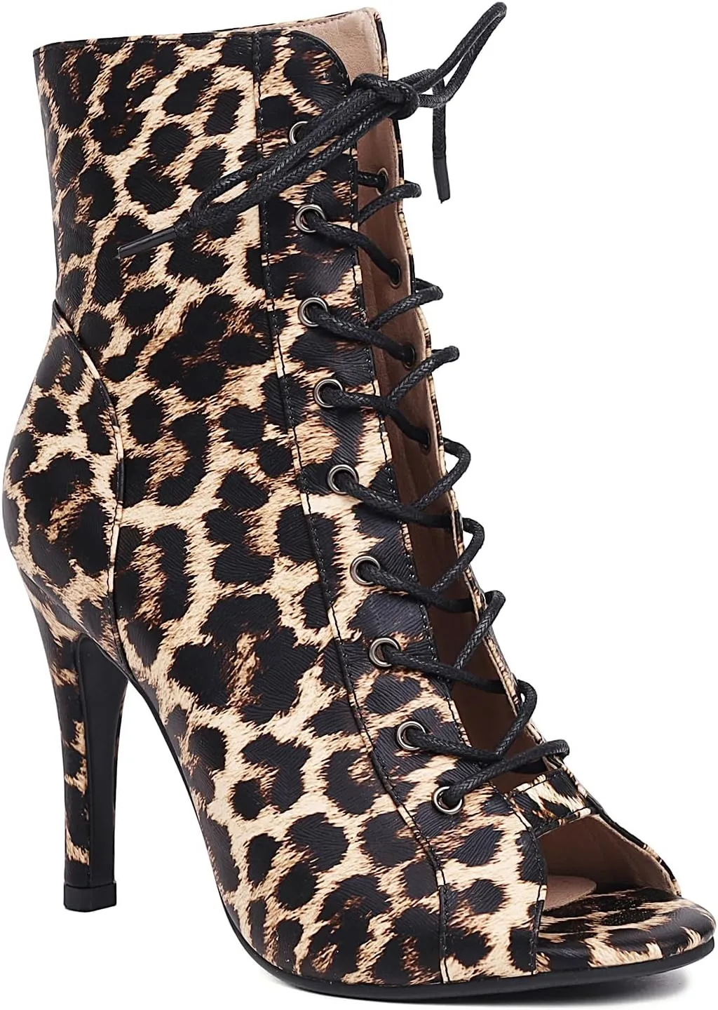 FENIKUSU Women's Ballroom Dance Shoes Peep Toe Animal Print Lace-up Latin Salsa Boots Model F39