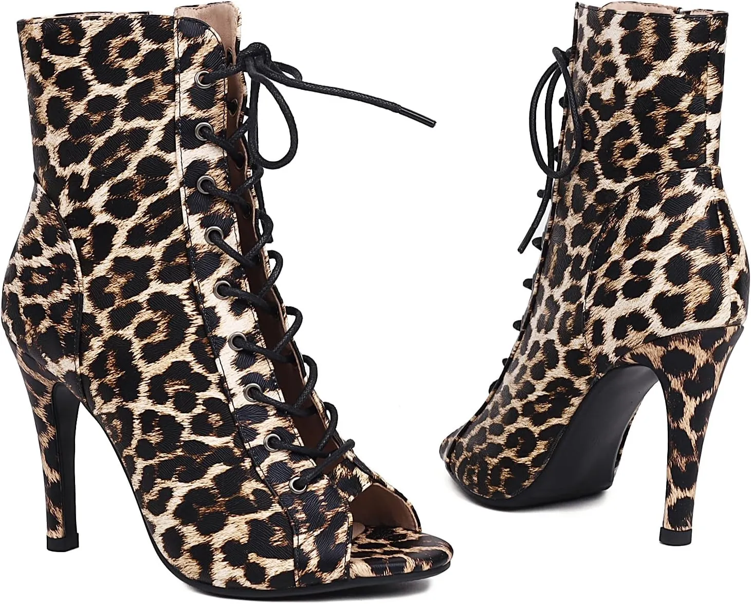 FENIKUSU Women's Ballroom Dance Shoes Peep Toe Animal Print Lace-up Latin Salsa Boots Model F39