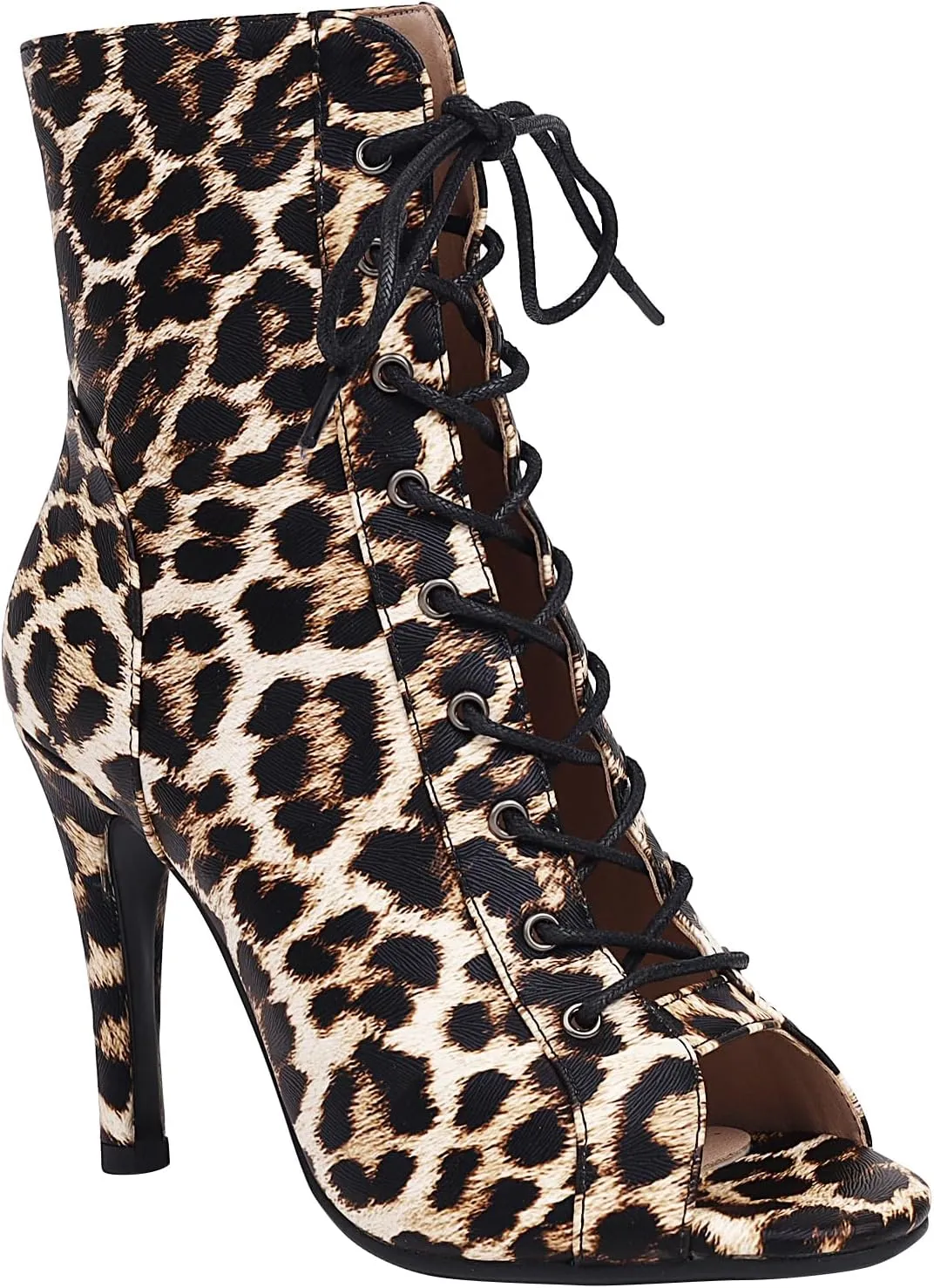 FENIKUSU Women's Ballroom Dance Shoes Peep Toe Animal Print Lace-up Latin Salsa Boots Model F39