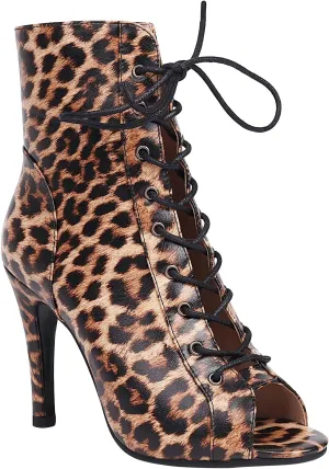 FENIKUSU Women's Ballroom Dance Shoes Peep Toe Animal Print Lace-up Latin Salsa Boots Model F39