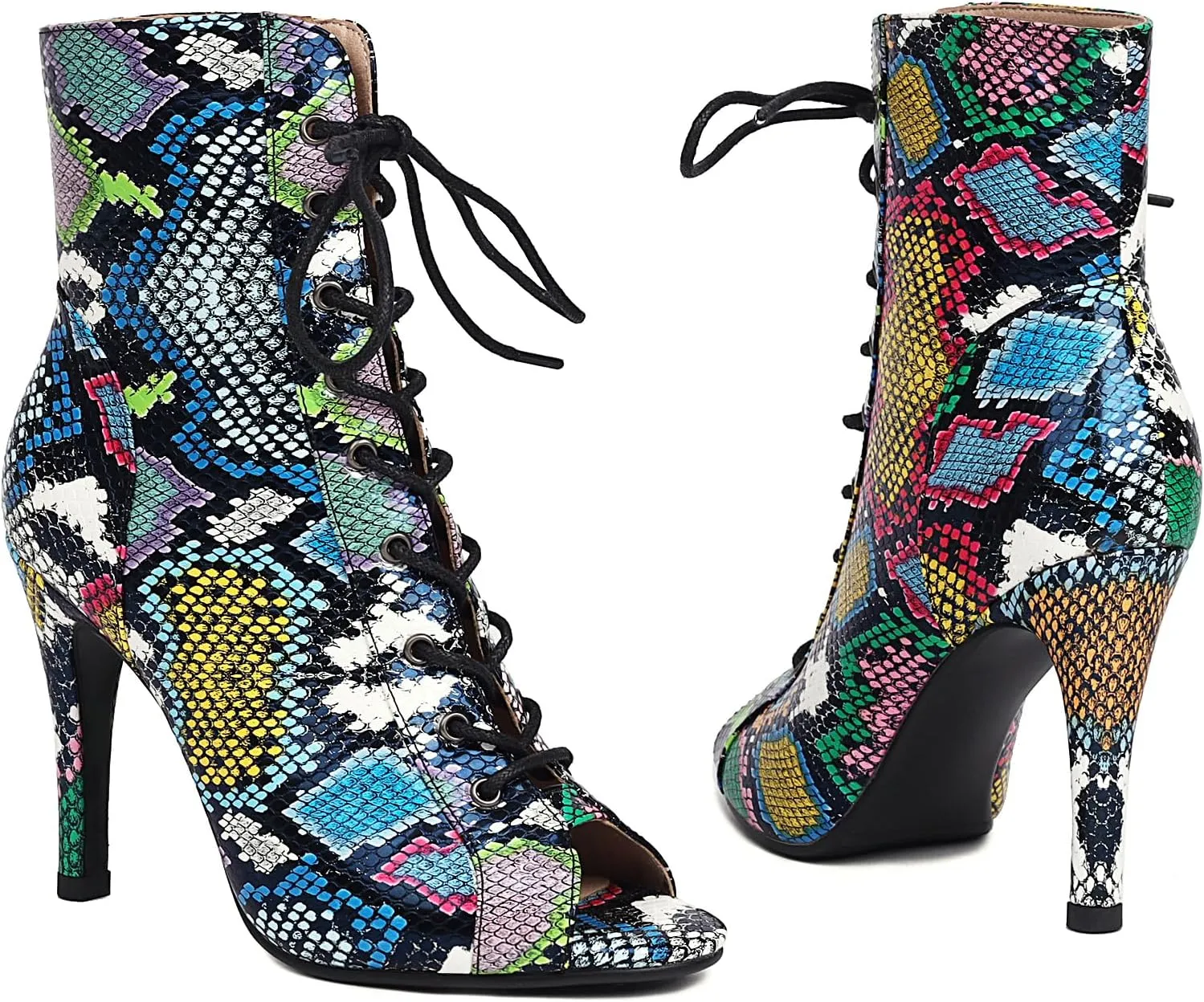 FENIKUSU Women's Ballroom Dance Shoes Peep Toe Animal Print Lace-up Latin Salsa Boots Model F39