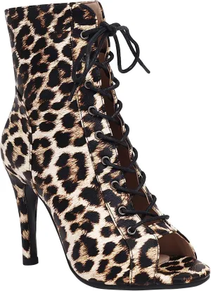 FENIKUSU Women's Ballroom Dance Shoes Peep Toe Animal Print Lace-up Latin Salsa Boots Model F39